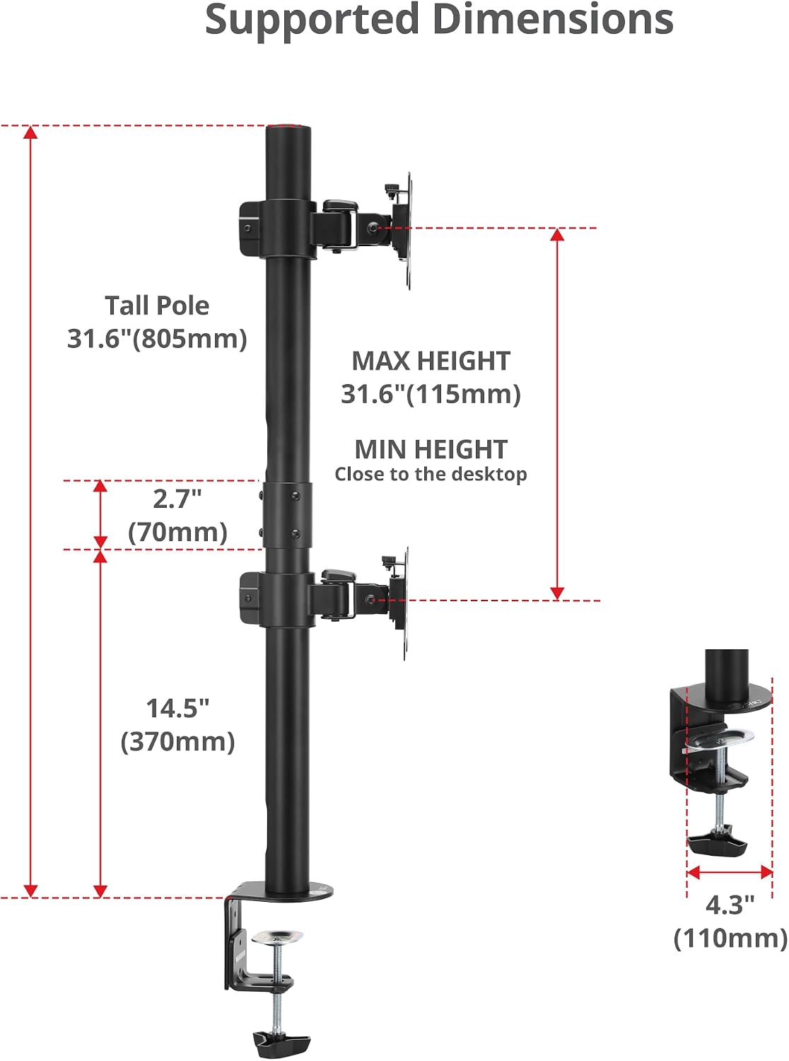 SIIG Dual Vertical Monitor Stand- Black, Fits 13-38' Screens- Up to 26.5 lbs- 31.5' Height Adjustable Pole- Quick-Release VESA- Cable Management -C-clamp/Grommet -VESA Plate 75/100(CE-MT5G11-S1)