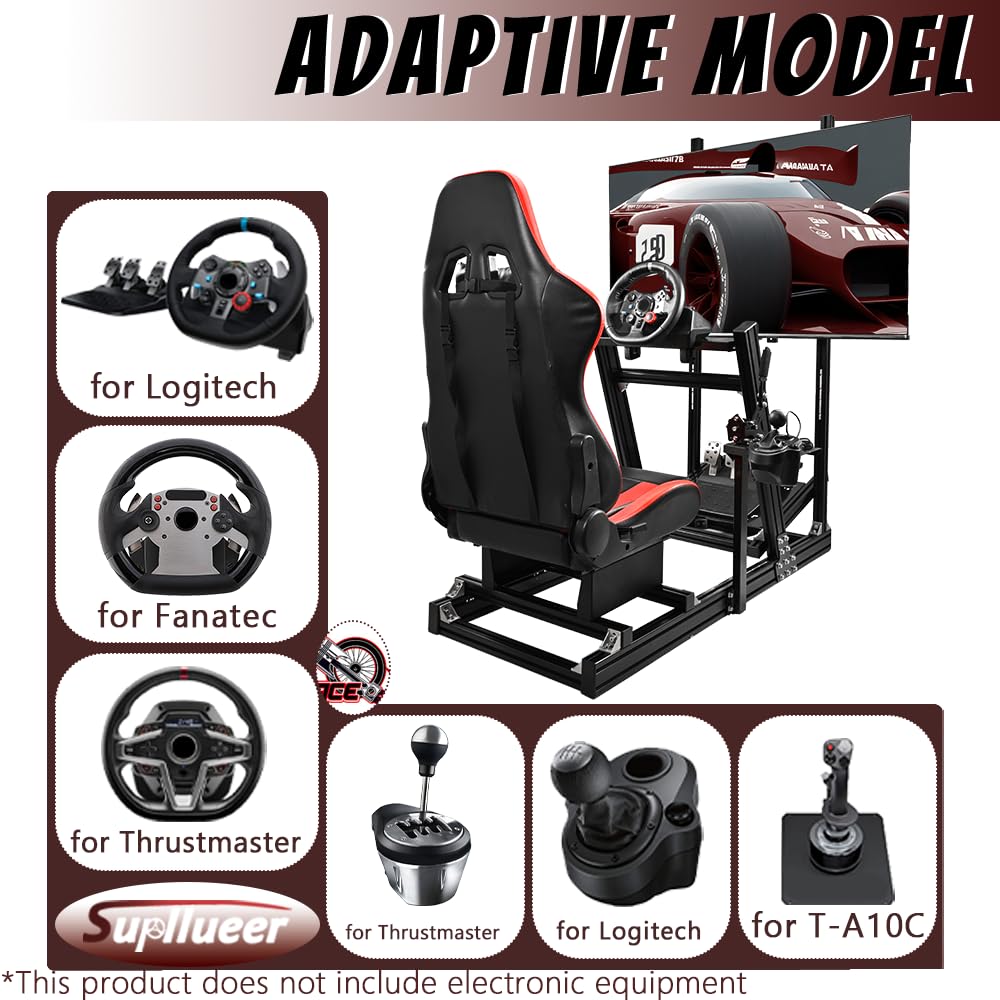 Supllueer Racing Simulator Cockpit with Monitor Stand Racing Seat Formula 1 and GT Racing Fit for Logitech GPRO G29 G920,for Thrustmaster T300,for Fanatec NO Display Steering Wheel Pedal Shifter