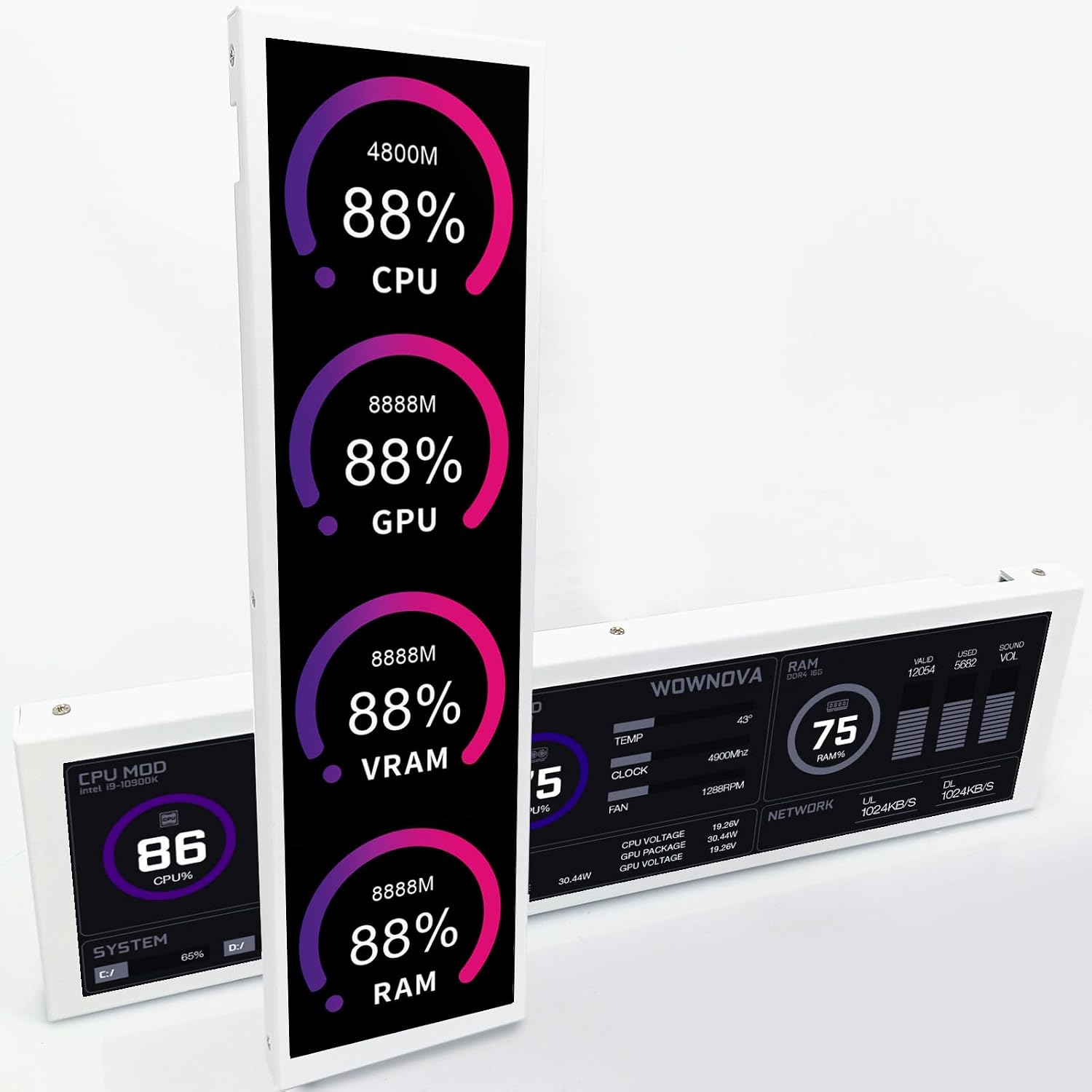 WOWNOVA 9.2' LCD Screen Inside PC Case Computer Temp Monitor Screen, 1 Click 1 Cable to Get Started Quickly PC Temperature Display IPS Sensor Panel CPU RAM HDD Data FPS Mini Monitor (White)