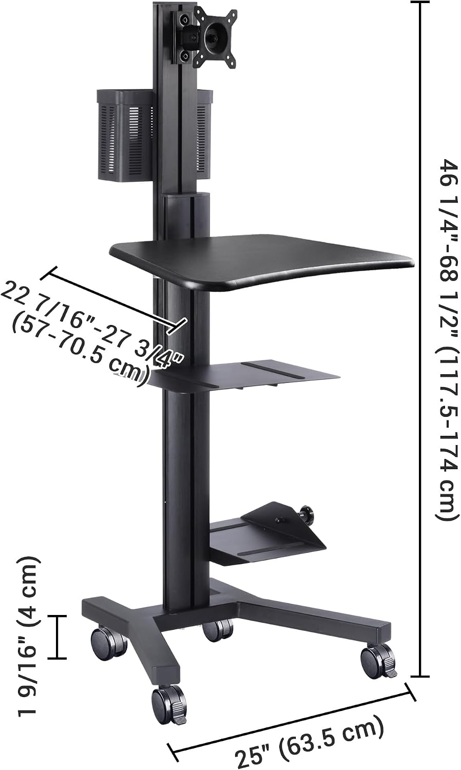 AW Mobile Computer Cart Medical Rolling PC Stand Desk Workstation on Wheels with Monitor Mount Adjustable Keyboard Tray CPU Printer Holder for Hospital School ANSI/BIFMA X5.5-2021 Certificated Black