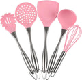 Silicone Cooking Utensil Set - 5Pcs Pink Stainless Steel Handle Silicone Cooking Tool Sets