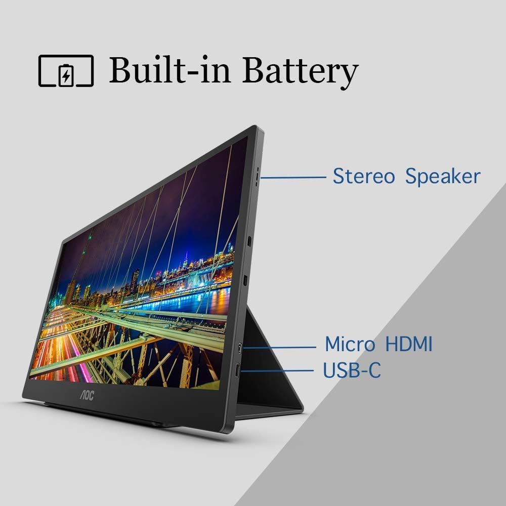 AOC 16T2 15.6' Full HD (1920 x 1080) Touch-Enabled Portable IPS Monitor, USB-C and Micro HDMI inputs, Built-in Battery, Stereo Speakers, SmartCover, AutoPivot, VESA for laptops, PC, Mac, Consoles