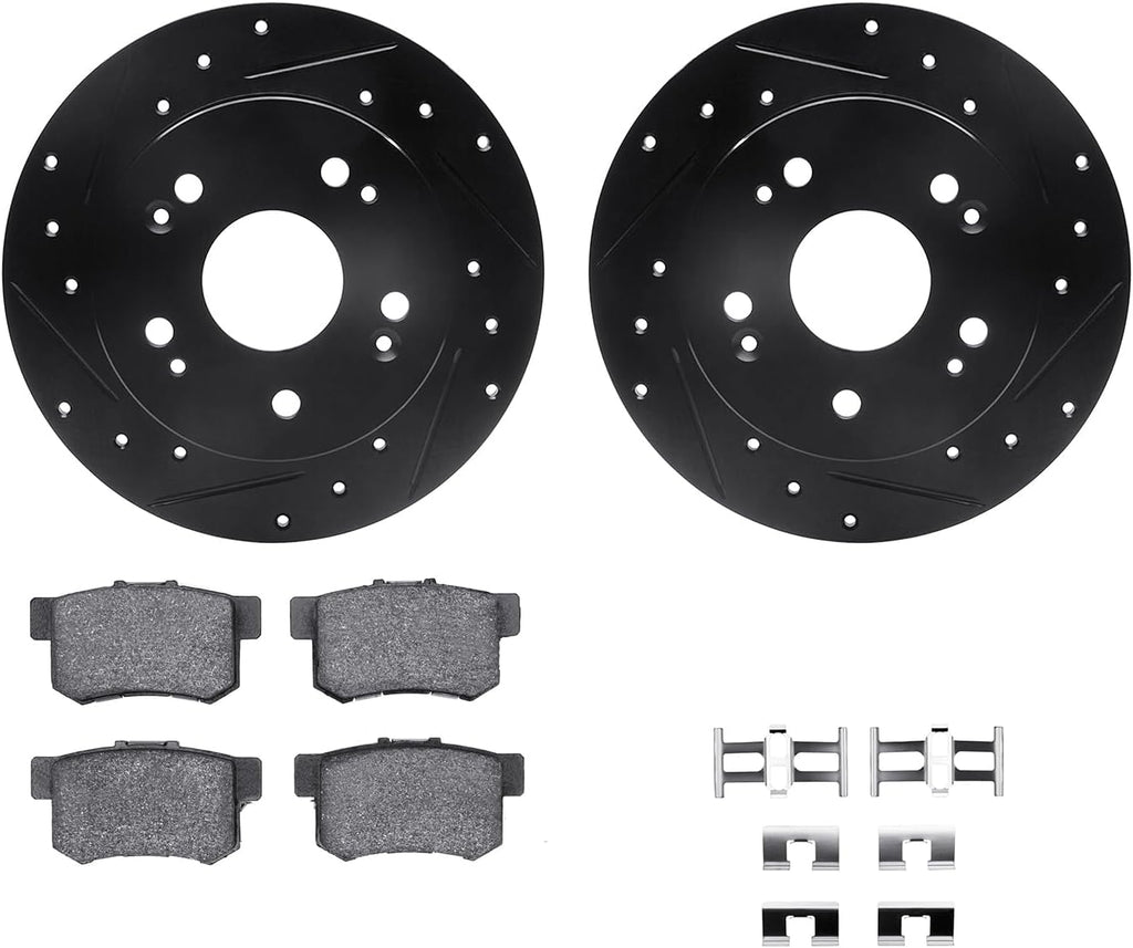 R1 Concepts Rear Brake Kit Fits 2006-2011 Acura CSX; 2013-2015 Acura ILX; 1997-2001 Honda Prelude; 2006-2015 Honda Civic| Performance Sport Pads, Drilled Slotted Rotors| Hardware| 10.2' Rear