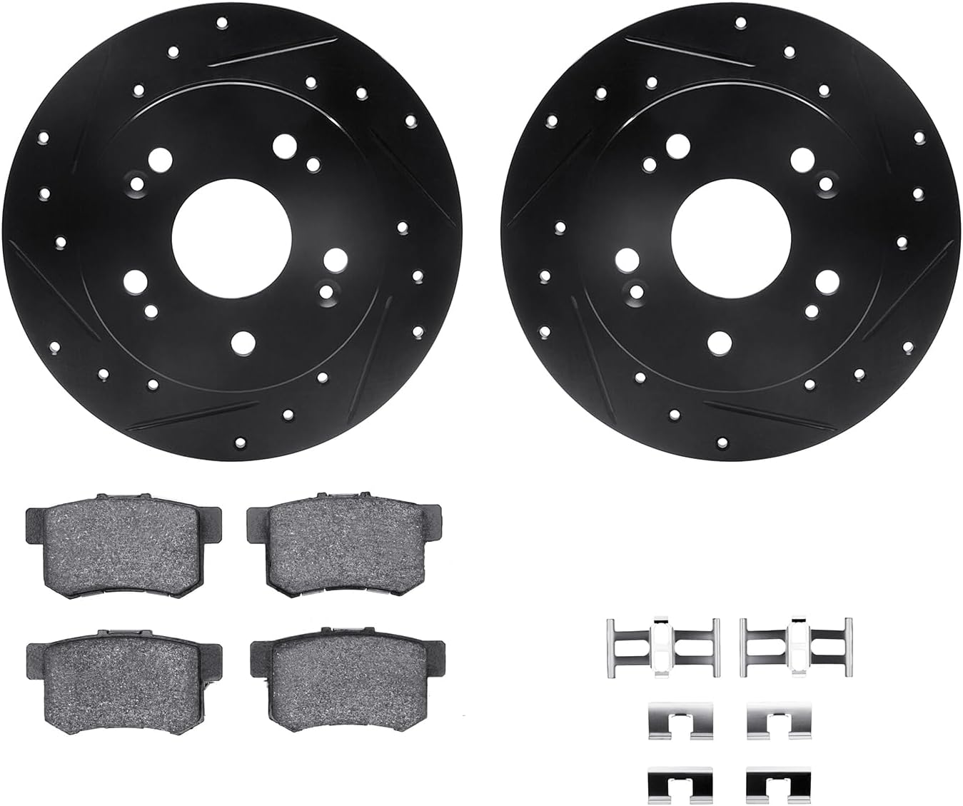 R1 Concepts Rear Brake Kit Fits 2006-2011 Acura CSX; 2013-2015 Acura ILX; 1997-2001 Honda Prelude; 2006-2015 Honda Civic| Performance Sport Pads, Drilled Slotted Rotors| Hardware| 10.2' Rear