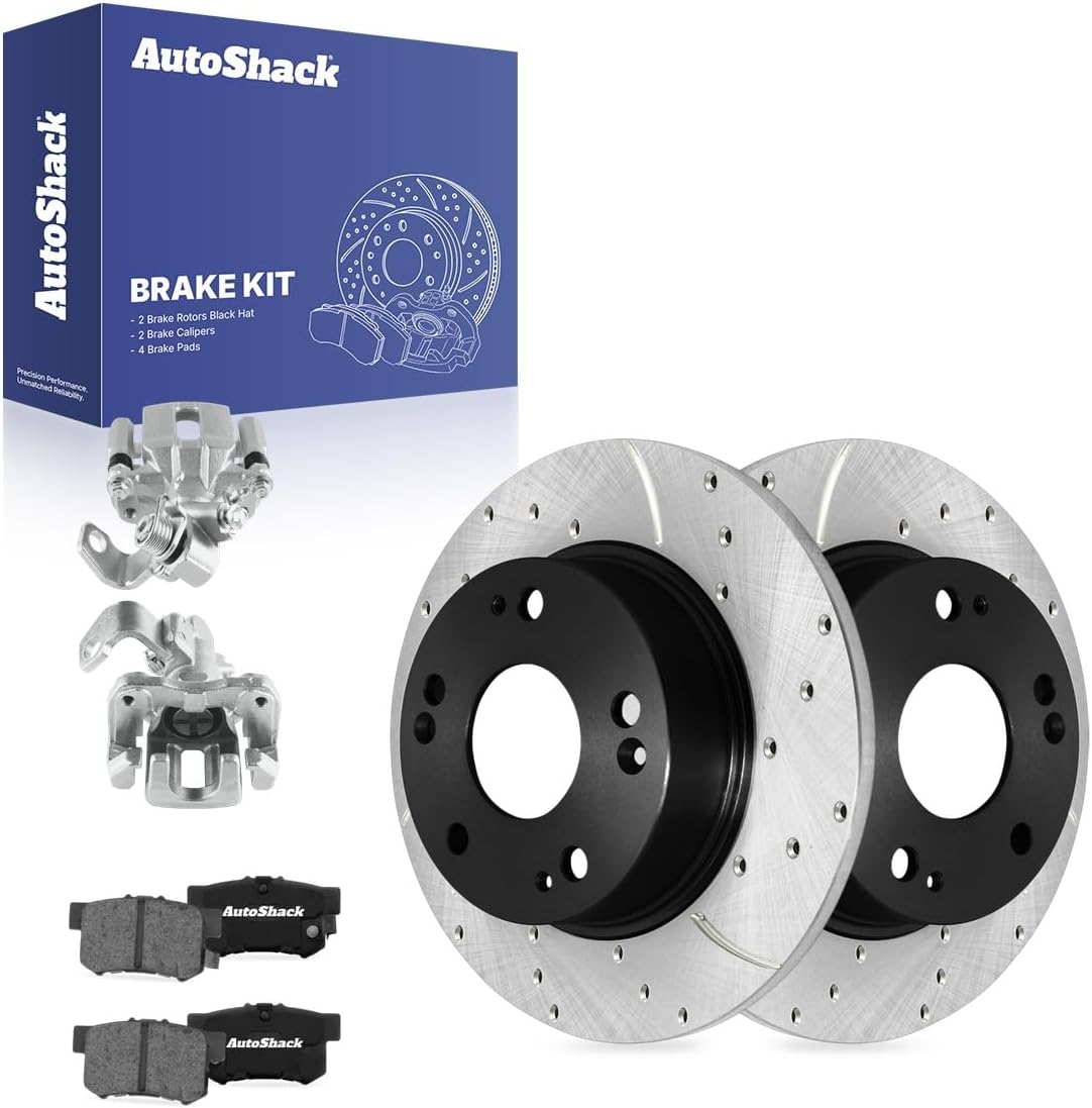 AutoShack Rear Brake Rotors, Ceramic Pads & Calipers for Honda, Civic 2006-2015, FWD L4 1.3L 1.8L 2.0L 2.4L - E-Coated Drilled & Slotted - ShadowGuard - 10.24' (260 mm), 5-Lug