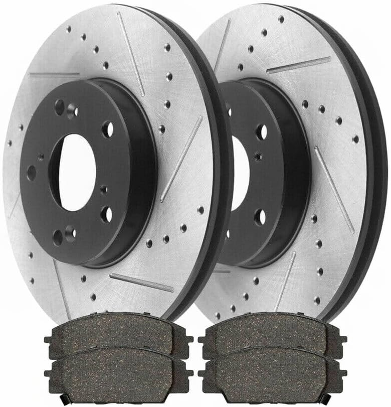 Front Driver and Passenger Side Drilled Slotted Ceramic Power Disc Set Kit Brake Rotors and Pads for Acura for CSX 2007-2010 for Honda for Civic 2006-2011