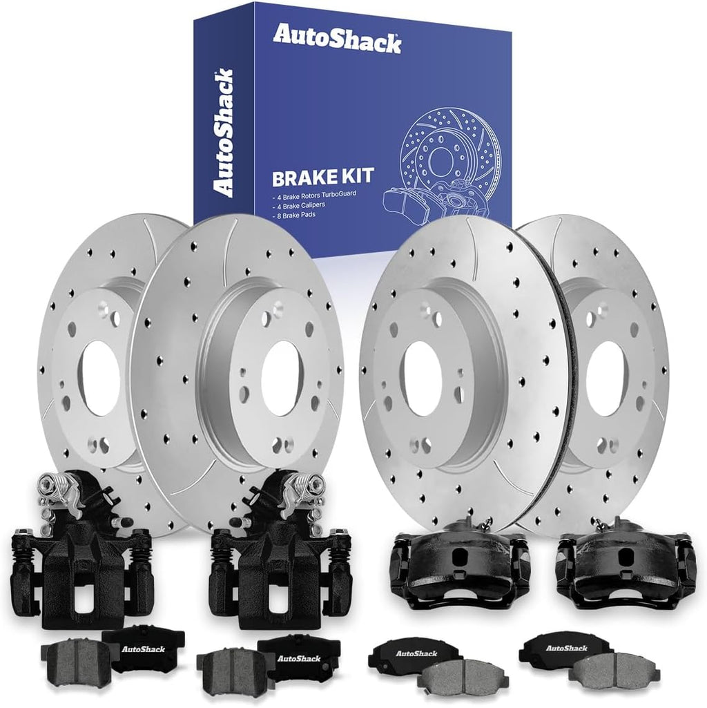 AutoShack Front & Rear Brake Rotors, Premium Pads & Black Calipers for Honda, Civic 2006-2011, FWD L4 1.8L - Coated Drilled & Slotted - Silver Matte Finish - TurboGuard