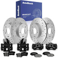 AutoShack Front & Rear Brake Rotors, Premium Pads & Black Calipers for Honda, Civic 2006-2011, FWD L4 1.8L - Coated Drilled & Slotted - Silver Matte Finish - TurboGuard