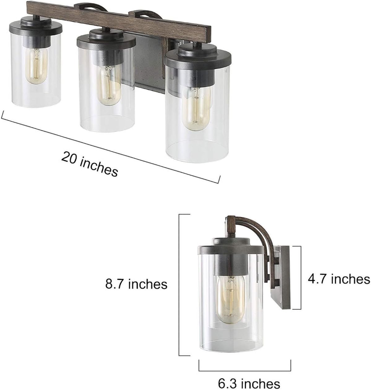 Farmhouse Bathroom Vanity Light Fixtures, Rustic Vanity Lighting with 3 Clear Glass, Wood Bathroom Fixture Over Mirror, L20' x H8.7' x W6.3'