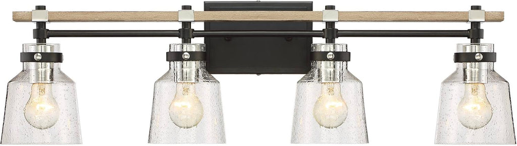 Possini Euro Design Broadway Modern Industrial Wall Light Black Painted Faux Wood Hardwired 32' 4-Light Fixture Clear Seedy Glass Shade for Cottage Core Bedroom Bedside Bathroom Vanity Living Room