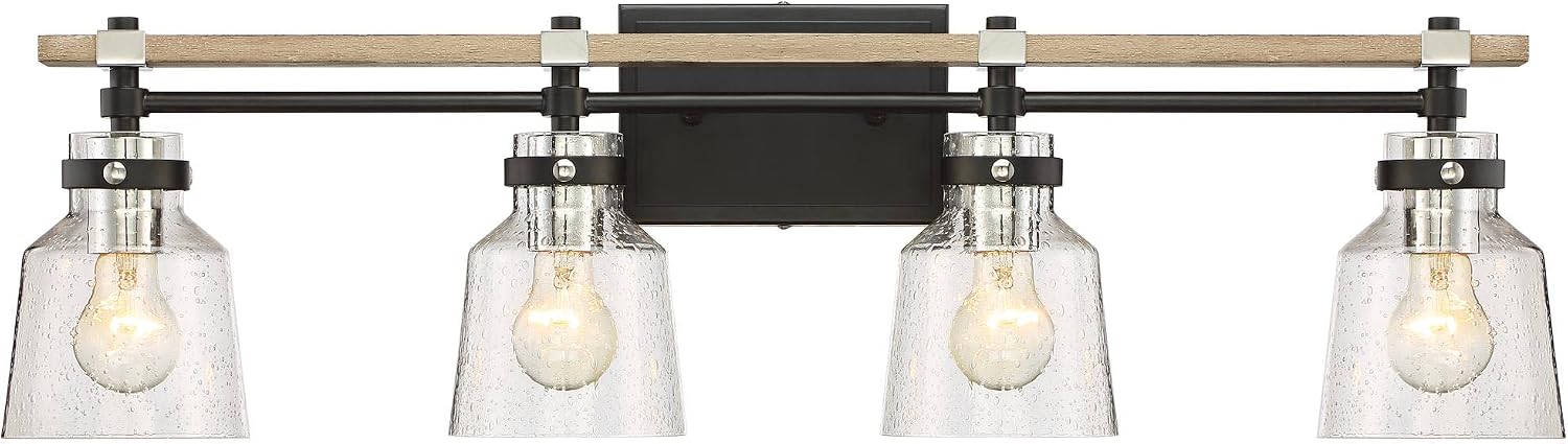 Possini Euro Design Broadway Modern Industrial Wall Light Black Painted Faux Wood Hardwired 32' 4-Light Fixture Clear Seedy Glass Shade for Cottage Core Bedroom Bedside Bathroom Vanity Living Room
