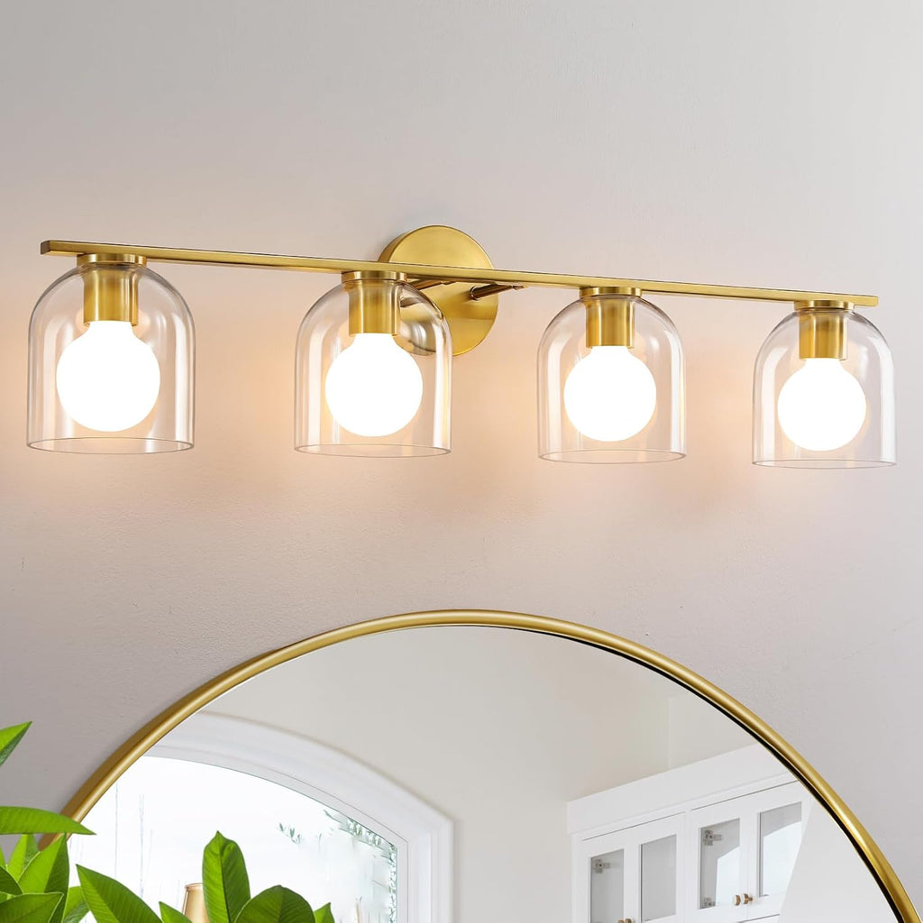 WOSHITU Bathroom Vanity Light Fixtures: 32.3 Inch Modern Brushed Gold Bathroom Light Fixtures Over Mirror with Clear Glass Shade, 4-Light Bathroom Lights Above Mirror
