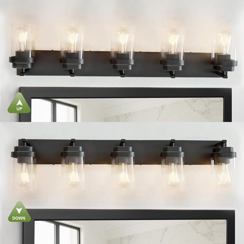 Black Bathroom Light Fixtures, 5 Lights Bathroom Lighting Fixtures Over Mirror, Square Design & Rectangle Large Backplate, Modern Vanity Lighting Fixtures, for Bathroom/Living Room/Bedroom