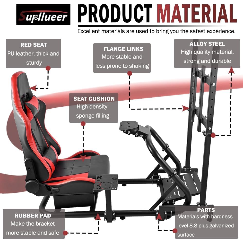 Supllueer Racing Cockpit Stand with Monitor Mount,Racing Wheel Stand with Red Seat Fit for Logitech G25 G27 G29 G920, for Thrustmaster T248, No Steering Wheel Shift Lever Pedal Display