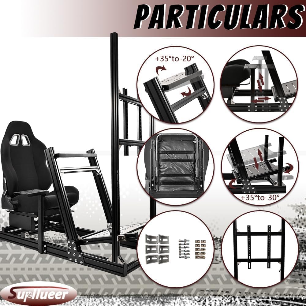 Supllueer Racing Simulator Cockpit with Monitor Stand Racing Seat Fit for Logitech GPRO G29 G920, for Thrustmaster, for Fanatec, Aluminum Steering Wheel Stand No TV Steering Wheel Pedal Shifter