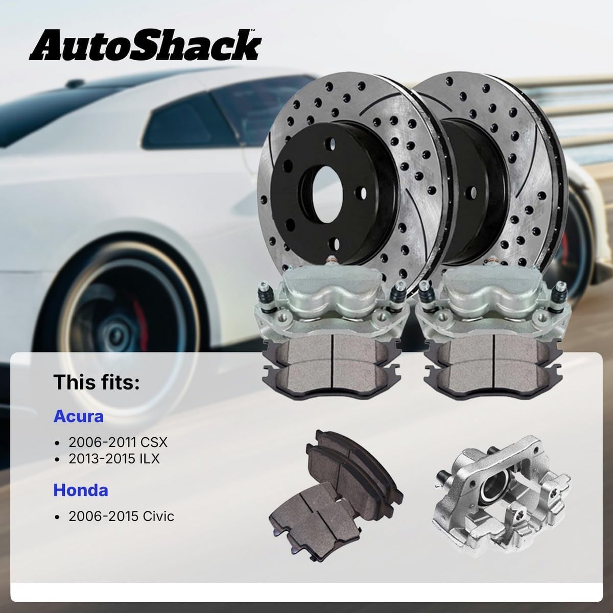 AutoShack Rear Brake Rotors, Ceramic Pads & Calipers for Honda, Civic 2006-2015, FWD L4 1.3L 1.8L 2.0L 2.4L - E-Coated Drilled & Slotted - ShadowGuard - 10.24' (260 mm), 5-Lug