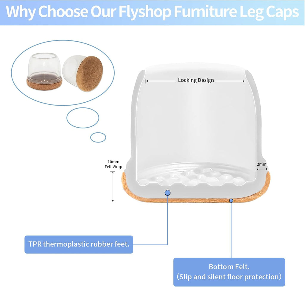 Flyshop 48PCS Durable Silicone Round Large Chair Leg Cap with Felt Pads Furniture Floor Protectors, Reduce Noise, 25 to 37 mm (1' to 1-1/2'), Transparent