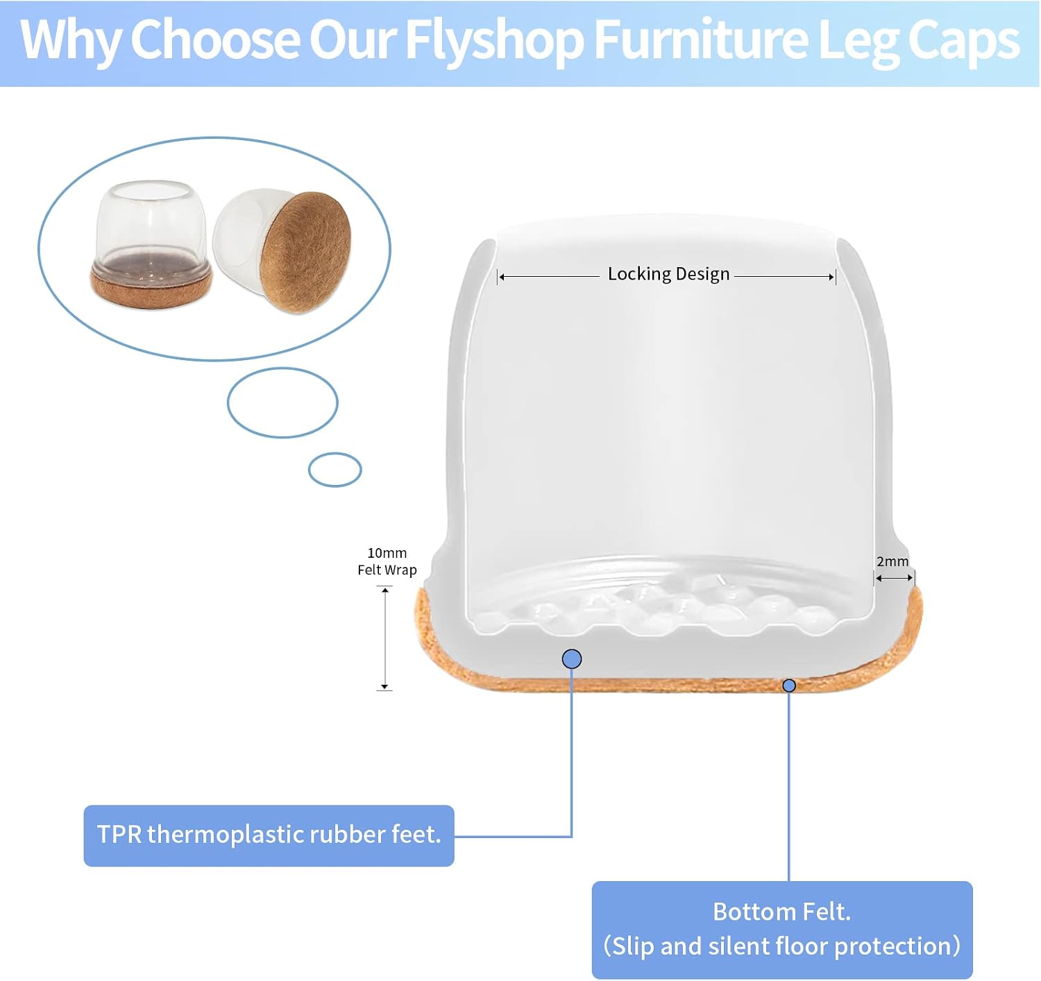 Flyshop 48PCS Durable Silicone Round Large Chair Leg Cap with Felt Pads Furniture Floor Protectors, Reduce Noise, 25 to 37 mm (1' to 1-1/2'), Transparent