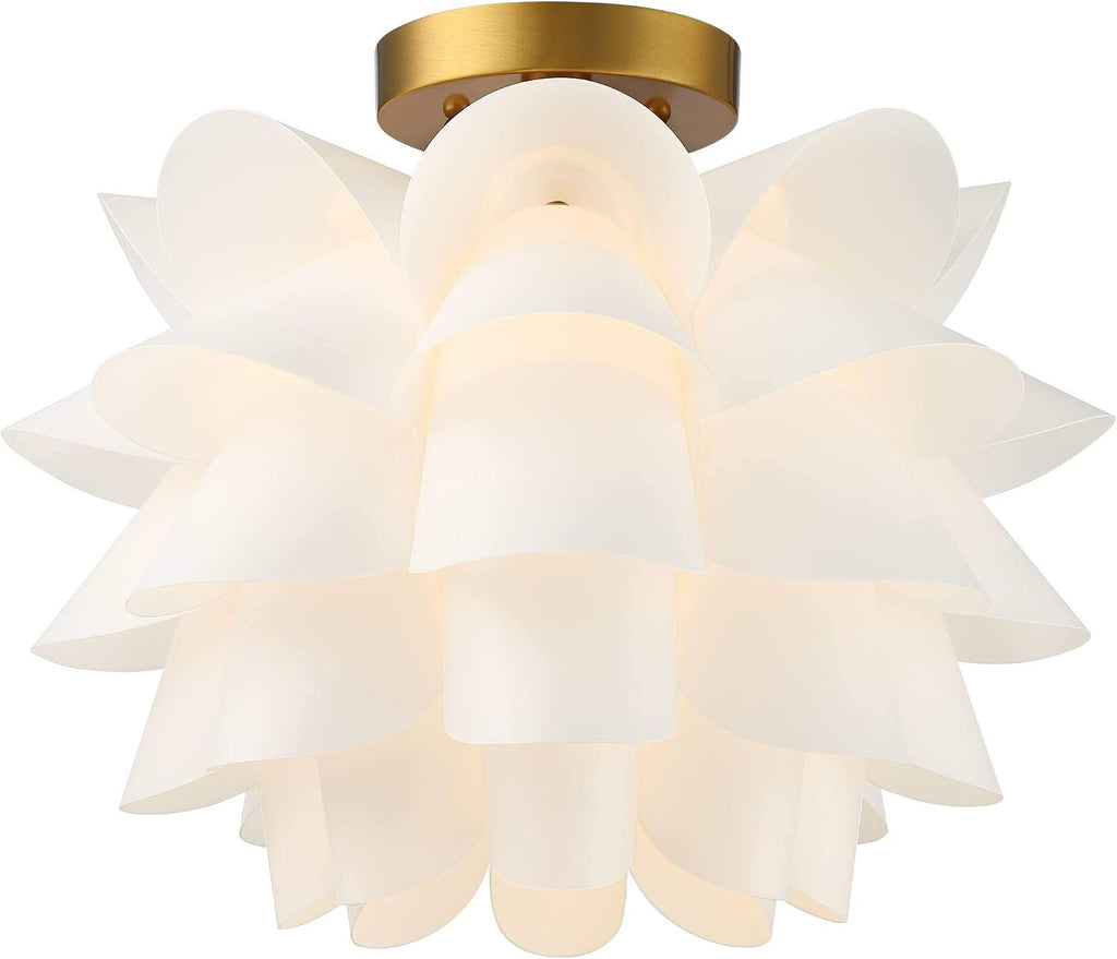 Possini Euro Design Mid Century Modern Glam Close to Ceiling Light Semi Flush Mount Fixture White Flower Gold Metal 15 3/4' Wide for House Bedroom Hallway Living Room Bathroom Dining Kitchen