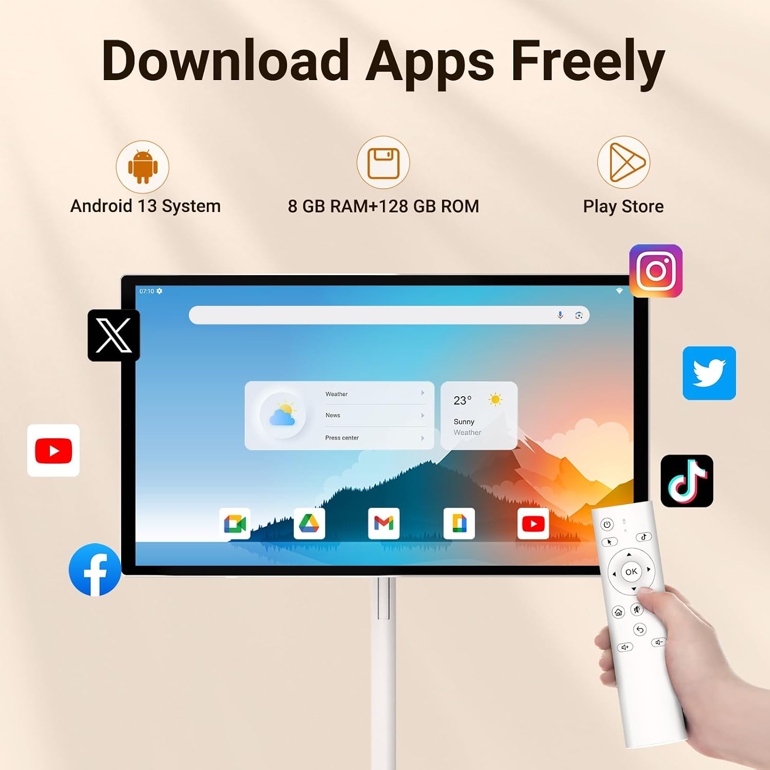 27' Rolling TV, EDLA-Certified Portable TV, Android 13, 8 GB +128 GB, Built-in 20,000 mAh Battery, 14H Playtime, Wireless Casting,10-Point Touch Screen Monitor for Home, Office, Gym