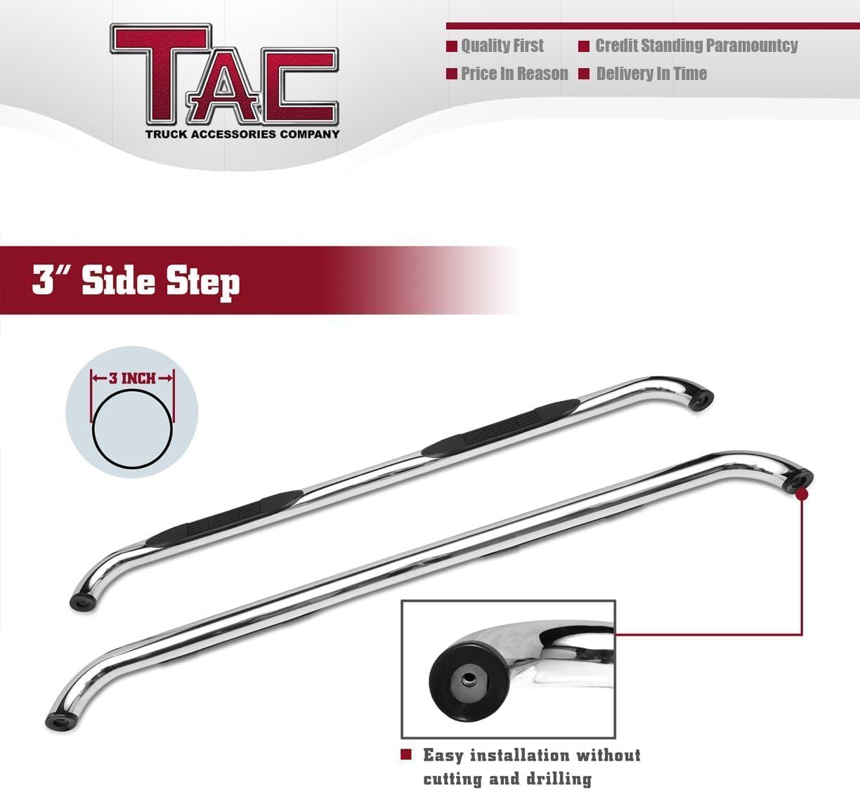 TAC Side Steps Fit 2009-2018 RAM 1500 Quad Cab | 2019-2024 RAM 1500 Classic Quad Cab Pickup Truck 3' Stainless Steel Side Bars Nerf Bars Step Rails Running Boards Off Road Accessories 2Pcs
