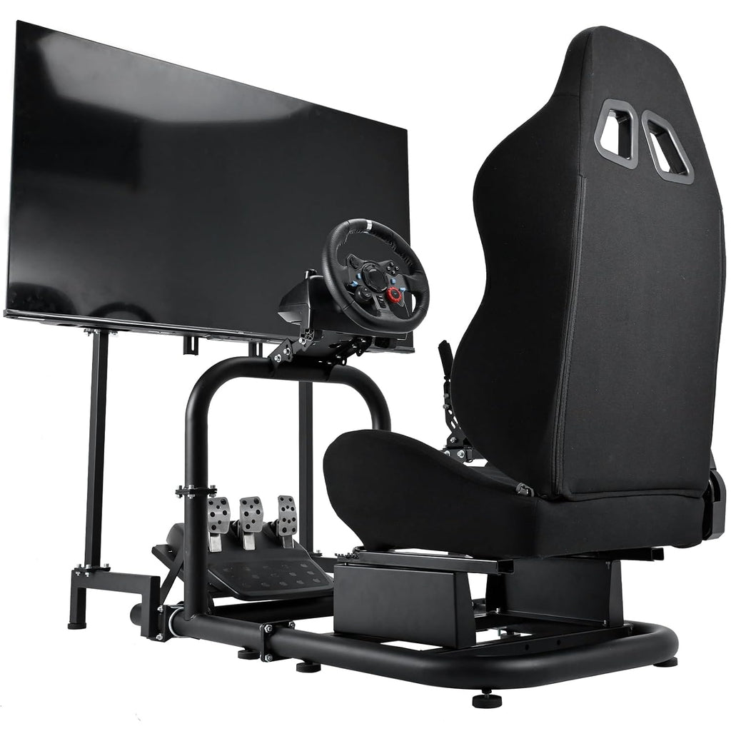 Supllueer Racing Simulator Cockpit Black Seat Stand with Black Seat and Monitor Mount Fit for Logitech G923 G29 G920, for Thrustmaster T248 T300,Excluding Steering Wheel Shift Lever Pedal Display