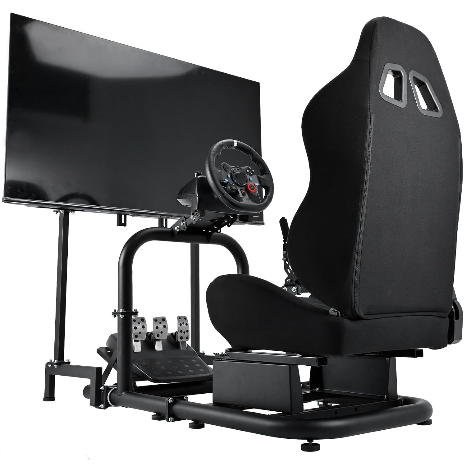 Supllueer Racing Simulator Cockpit Black Seat Stand with Black Seat and Monitor Mount Fit for Logitech G923 G29 G920, for Thrustmaster T248 T300,Excluding Steering Wheel Shift Lever Pedal Display