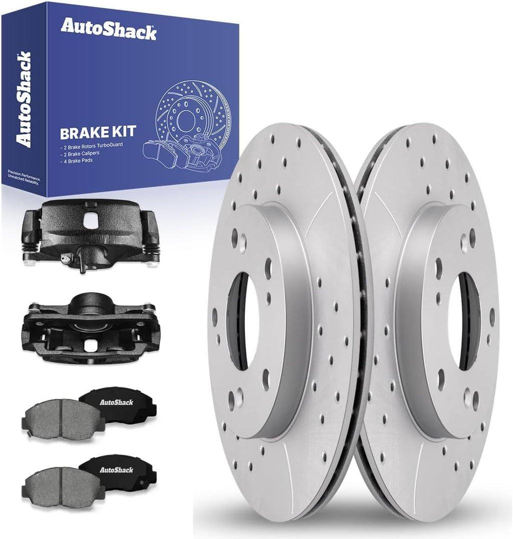 AutoShack Front Brake Rotors, Premium Pads & Black Calipers for Honda, Civic 2006-2011, FWD L4 1.8L - Coated Drilled & Slotted - Silver Matte Finish - TurboGuard - 10.31' (261.9 mm), 5-Lug