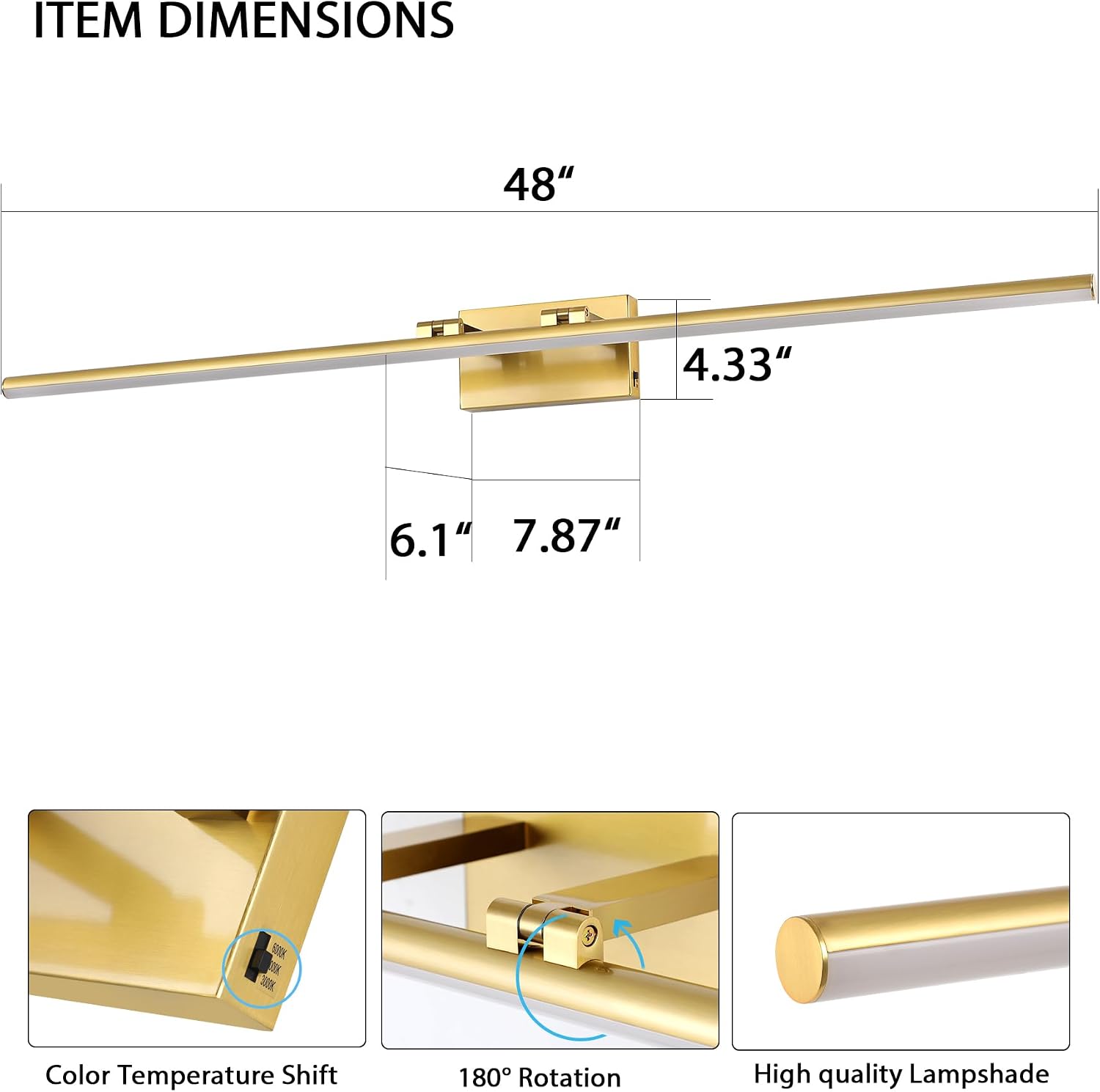 LED Bathroom Vanity Light, Modern Bathroom Light Fixture Over Mirror (3000K/4000K/6000K, Dimmable), Vanity Light Bar with Angle Adjustable, 48 Inch, Brass
