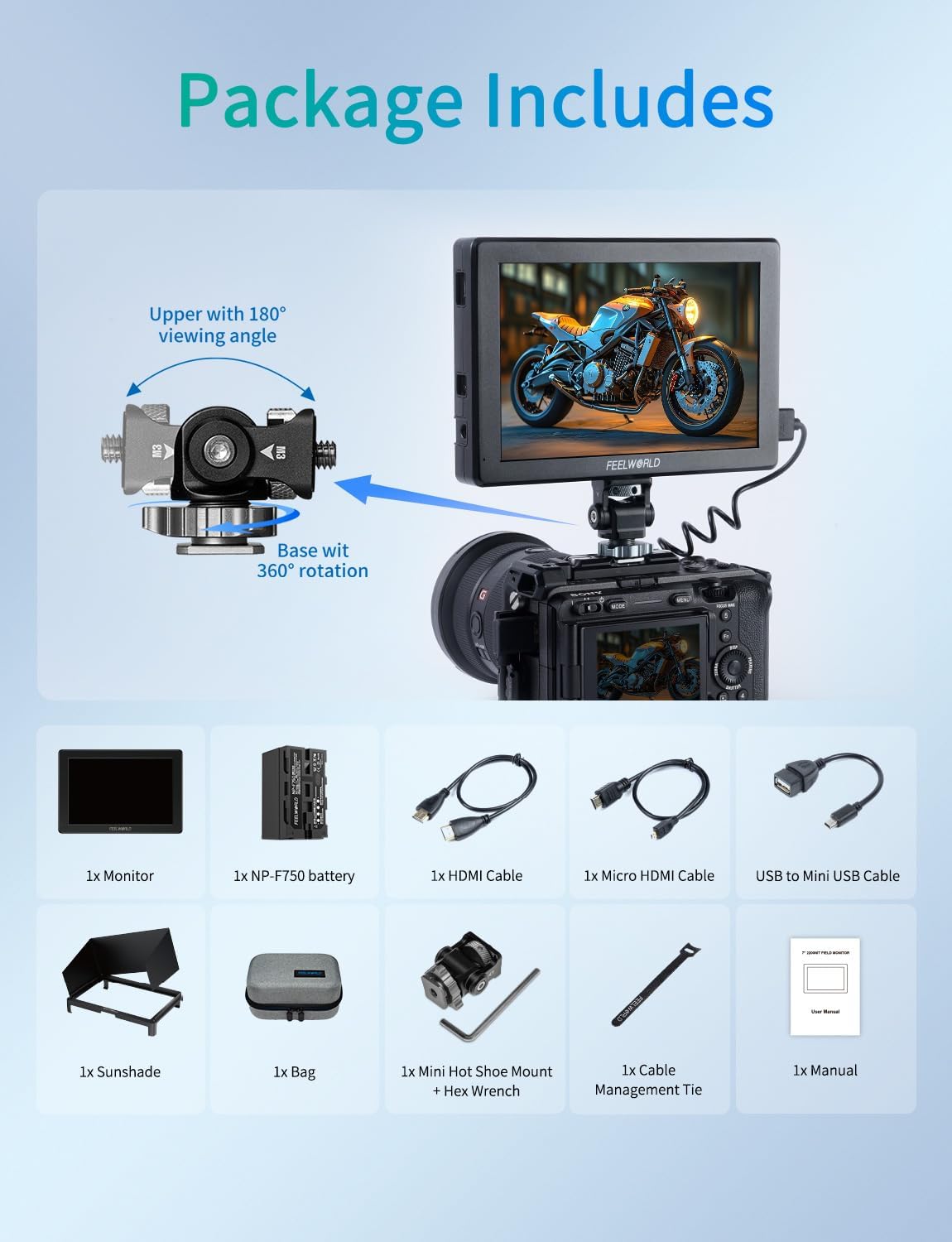 FEELWORLD T7 PRO 7 Inch 2000nit Aluminium Camera Field Video Monitor Ultra Bright 1920x1200 IPS 4K HDMI 60 Waveform LUT HDR with F750 4400mAh Battery and Bag