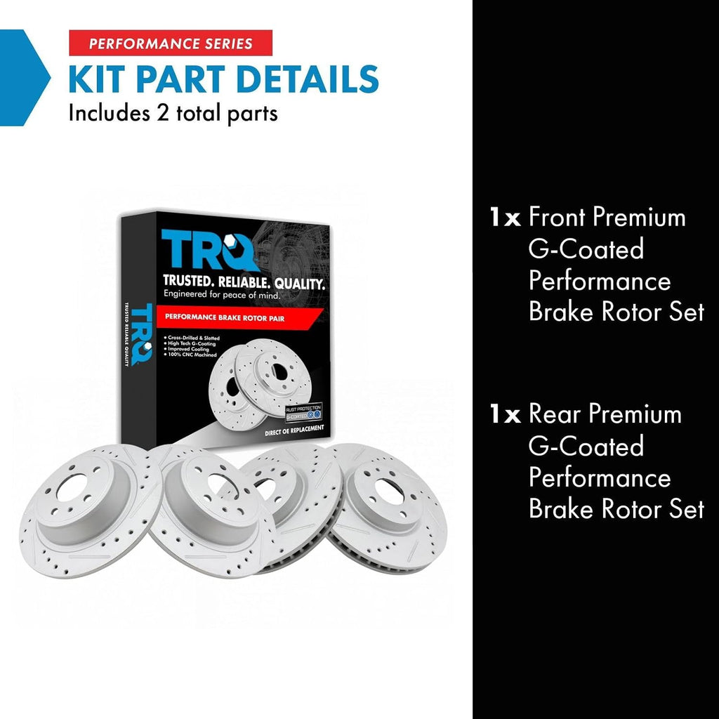 TRQ Performance Front and Rear Brake Rotor Set Coated Drilled Slotted Compatible with 13-20 Ford Fusion 13-16 Lincoln MKZ Hybrid with 302mm Rear Rotors