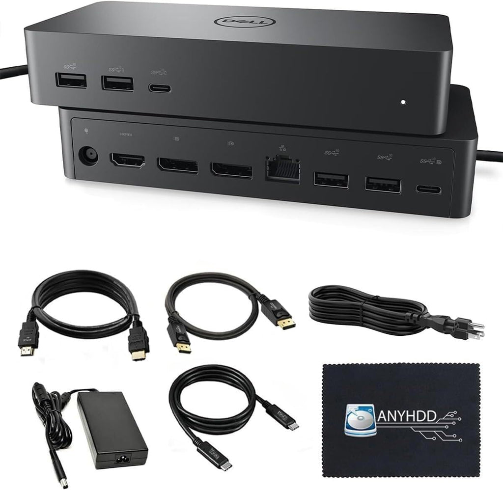 UD22 Dell Docking Station Dual Monitor Bundle - USB-C/USB-A Universal Dell Dock for Laptops Comes with 130W Adapter + Anyhdd HDMI, DisplayPort, USB-C Cables & Cloth - Supports Dual/Triple/4 Monitors