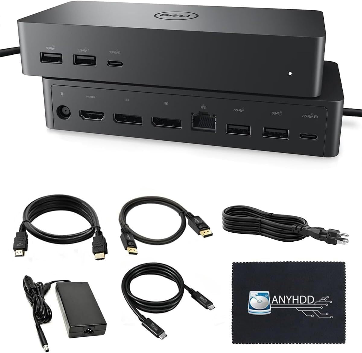 UD22 Dell Docking Station Dual Monitor Bundle - USB-C/USB-A Universal Dell Dock for Laptops Comes with 130W Adapter + Anyhdd HDMI, DisplayPort, USB-C Cables & Cloth - Supports Dual/Triple/4 Monitors