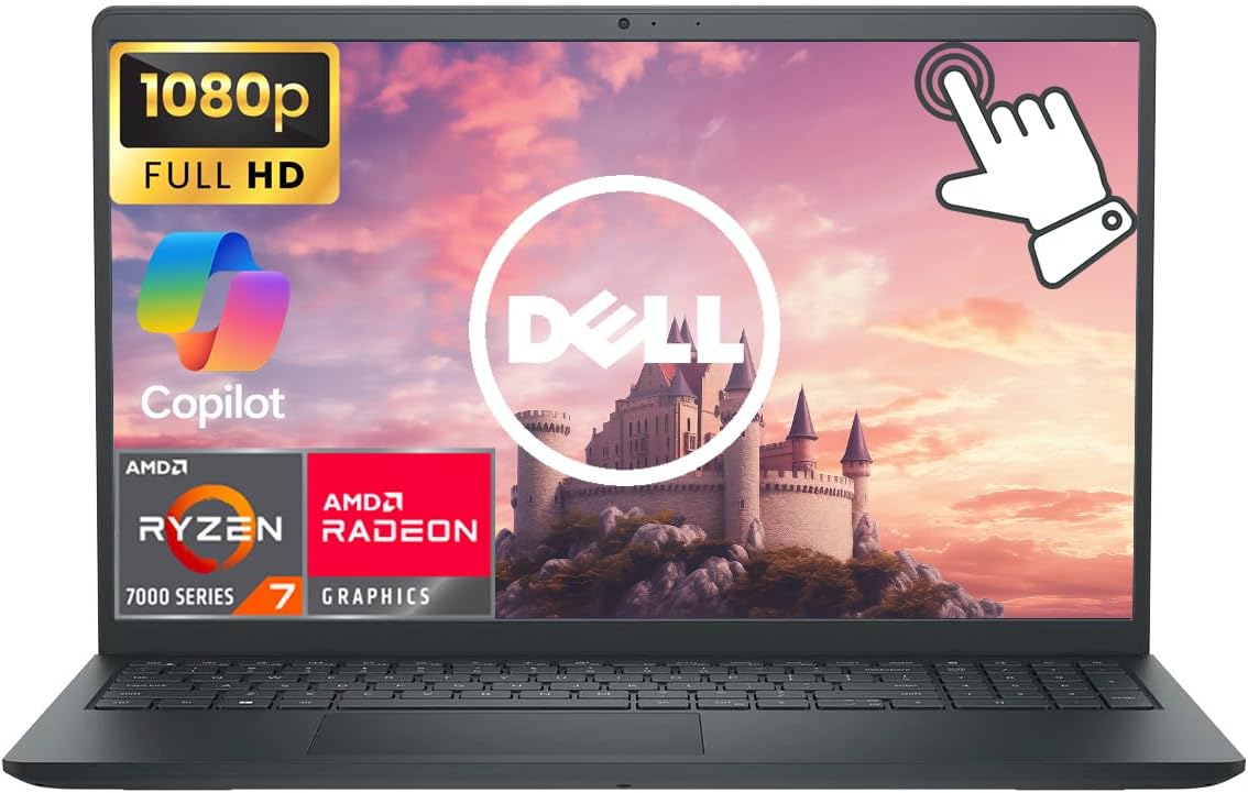 Dell Inspiron 15.6' FHD Touchscreen Business Laptop Computer, 8-core AMD Ryzen 7 Processor, 12GB RAM 256GB SSD, Windows 11 with AI Copilot Ready, Numeric Keypad, Black