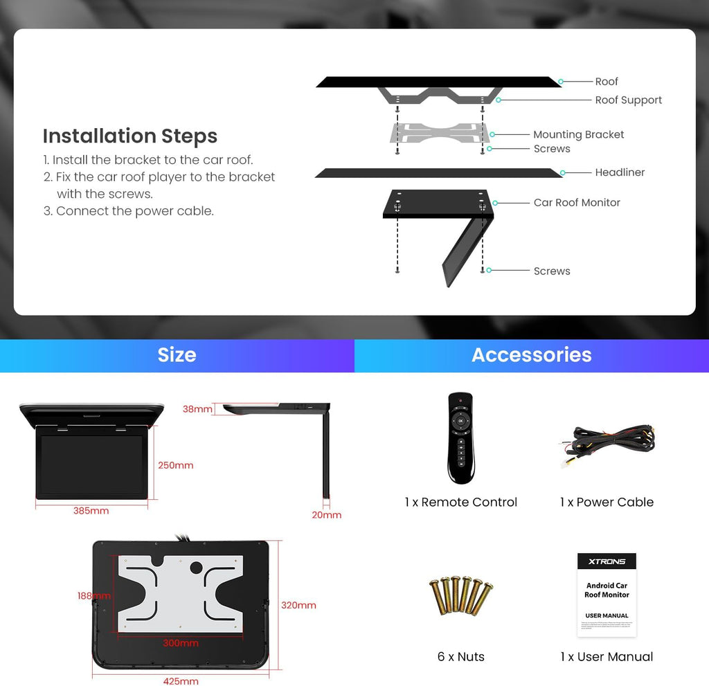 XTRONS 15.6' Android Car Overhead Player, 1366x768 HD Flip Down Roof Mount Monitor with Built-in Speaker, WiFi, Bluetooth, Supports HDMI USB Input, Screen Mirroring (2+32GB)