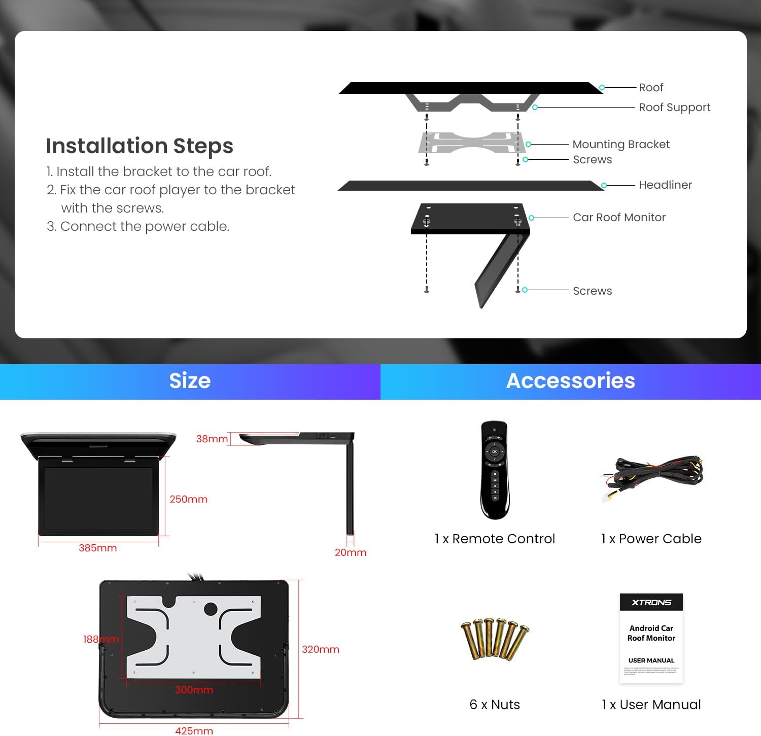 XTRONS 15.6' Android Car Overhead Player, 1366x768 HD Flip Down Roof Mount Monitor with Built-in Speaker, WiFi, Bluetooth, Supports HDMI USB Input, Screen Mirroring (2+32GB)