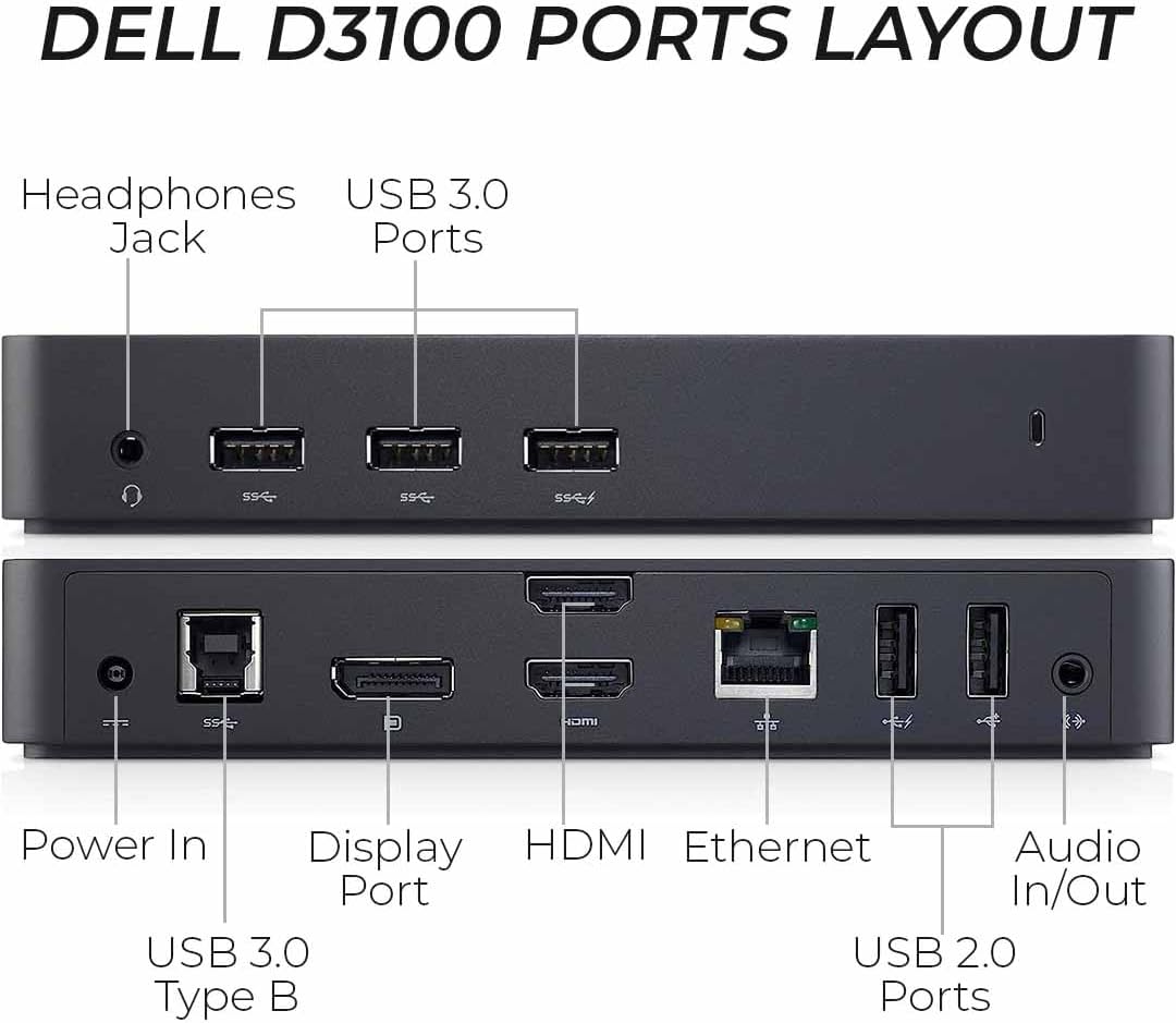 Dell D3100 Docking Station Bundle - Dual Monitor USB 3.0 Ultra HD/4K Support - Includes HDMI Cable, 65W Power Adapter, Ethernet Cable & Microfiber Cleaning Cloth (Renewed)