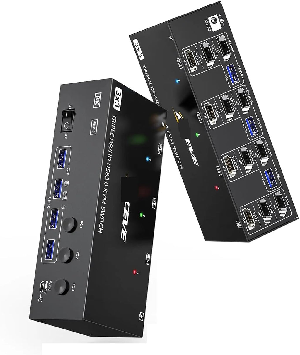 2 Displayport + HDMI USB 3.0 KVM Switch 3 Monitors 2/3 Computers, 8K@60Hz 4K@144Hz Triple Monitor KVM with 4 USB 3.0 Ports(303DH)