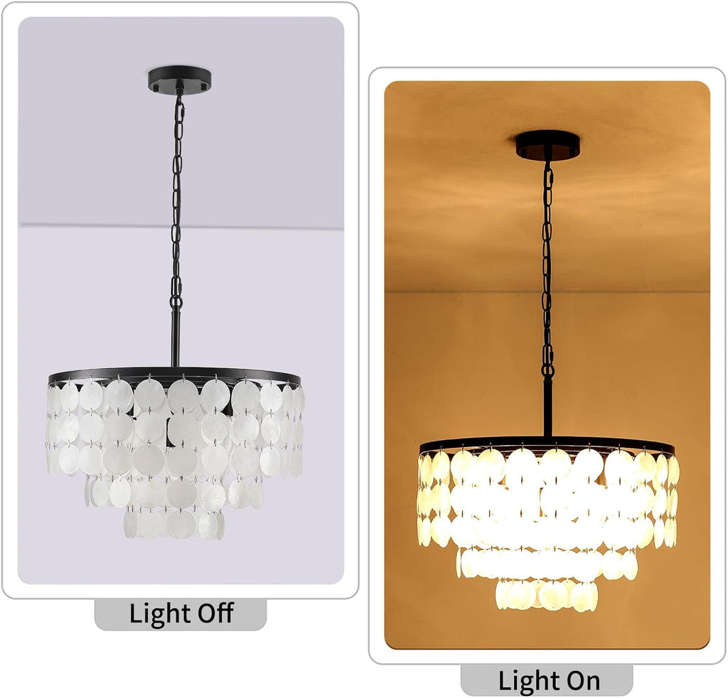 17.72' Capiz Shell Chandelier, 5 Light Natural Seashell Coastal Chandelier, Modern Capiz Seashell Pendant for Kitchen Living Dining Room Bathroom Bedroom, Black Finish