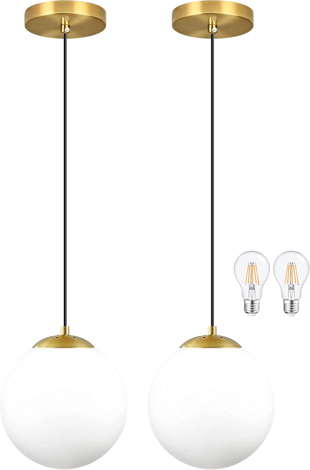 KoKo&Yukina 8' Gold Glass Globe Modern Pendant Lights 2 Pack Mid Century Milky White Glass Pendant Light Fixtures Adjustable Hanging Pendant Lighting for Kitchen Island Bedroom Hallway Bulbs Incl.