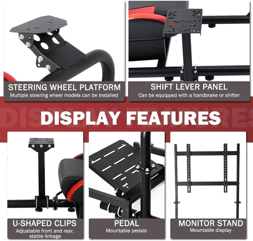 Driving Simulator Cockpit with Monitor Stand & Red Seat Fit for G923 G920 T500 Fantec T3PA/TGT Stable & Strong,No Steering Wheel Shift Lever Pedal Display