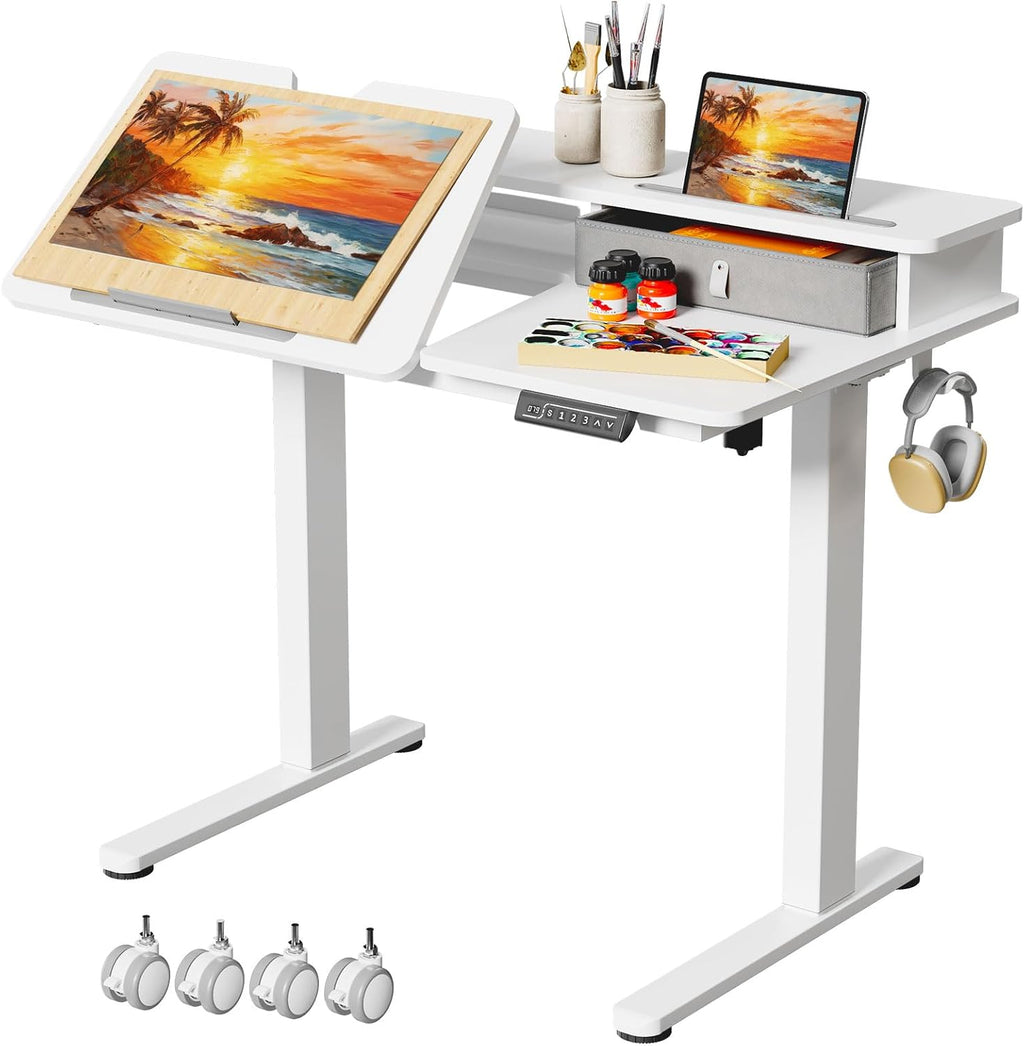 White Standing Desk，60° Tiltable Height Adjustable Electric Rising Desk，40Inch Foldable Mobile Laptop Table with Shelf,Monitor Stand, Drawer ,Flippable Drafting Workstation on Wheels for Kids' Drawing