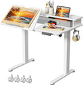 White Standing Desk，60° Tiltable Height Adjustable Electric Rising Desk，40Inch Foldable Mobile Laptop Table with Shelf,Monitor Stand, Drawer ,Flippable Drafting Workstation on Wheels for Kids' Drawing