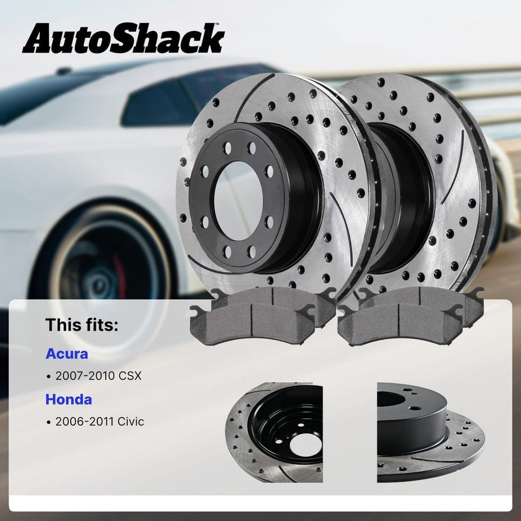 AutoShack Front & Rear Brake Rotors & Ceramic Pads for Honda & Acura, Civic 2006-2011 CSX 2007-2010, FWD L4 2.0L - E-Coated Drilled & Slotted - ShadowGuard