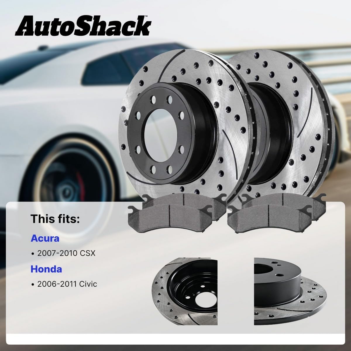 AutoShack Front & Rear Brake Rotors & Ceramic Pads for Honda & Acura, Civic 2006-2011 CSX 2007-2010, FWD L4 2.0L - E-Coated Drilled & Slotted - ShadowGuard