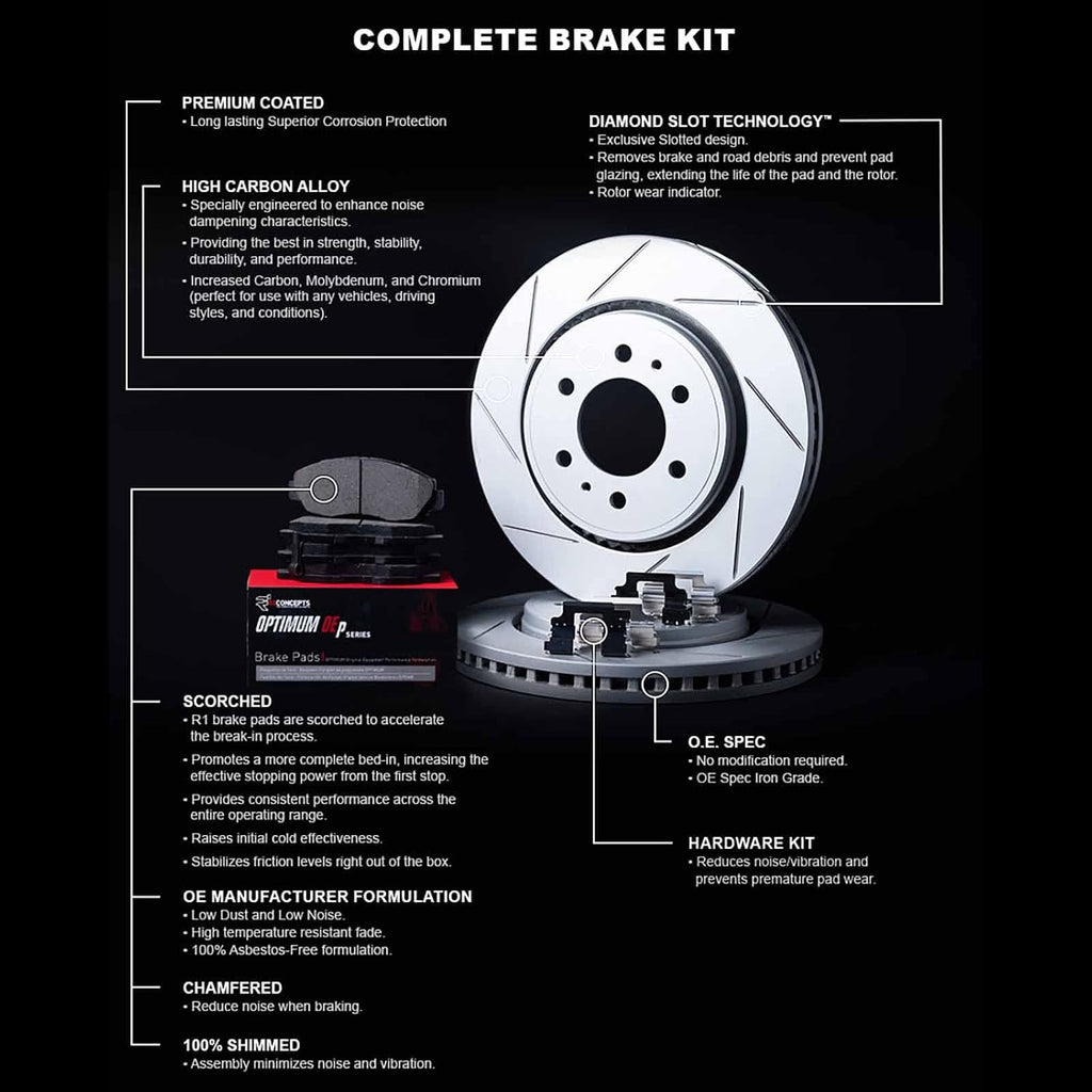 R1 Concepts Front Brake Kit Fits 2006-2011 Honda Civic| Optimum Oep Pads, Slotted Rotors| Hardware| 10.3' Front