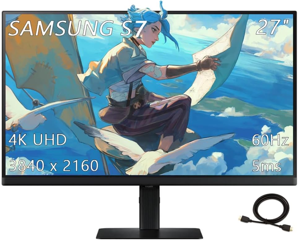 Samsung 27' ViewFinity S7 Series 4K UHD Computer Monitor, 60Hz, 5ms, Advanced Eye Care, Easy Setup Stand, Multiple Ports, High Resolution, Black, with HDMI Cable