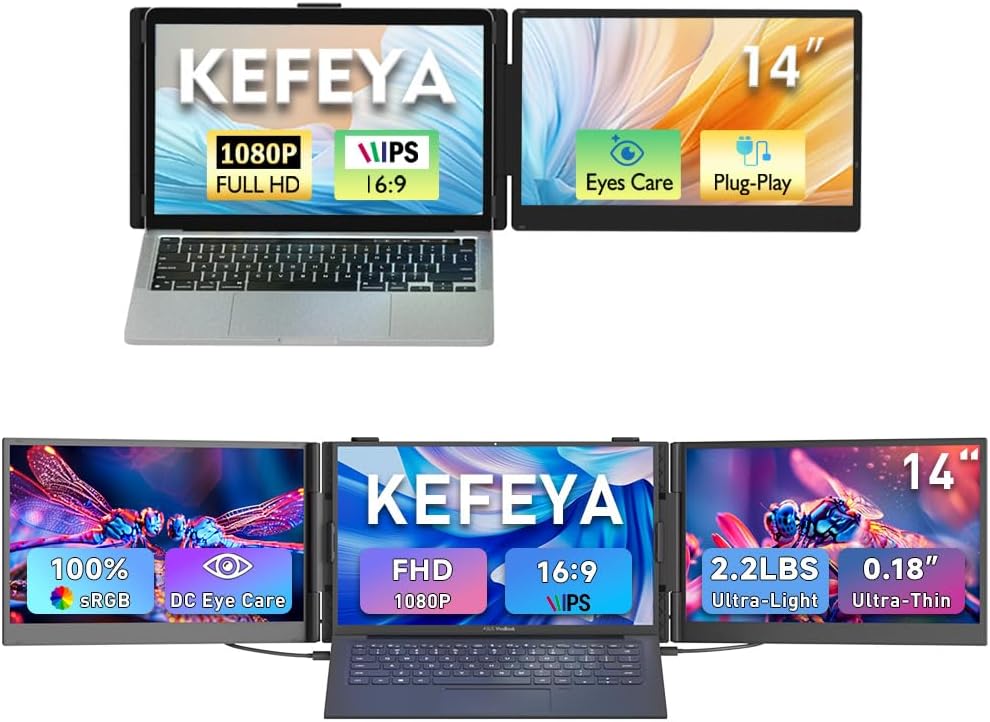 14' 1080P FHD IPS Dual Screen Extender, Laptop Monitor Extender for Office & 0.17' Ultra-Thin 2.2 LBS Lightest Triple Laptop Screen Extender, 14' 1080P FHD Portable Monitor for Laptops 13-17.3'