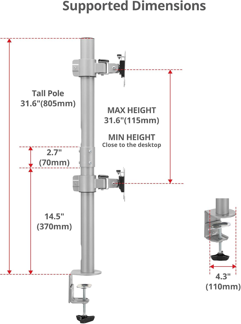 SIIG Dual Vertical Monitor Stand- Gray, Fits 13-38' Screens- Up to 26.5 lbs- 31.5' Height Adjustable Pole- Quick-Release VESA- Cable Management -C-clamp/Grommet -VESA Plate 75/100 (CE-MT5H11-S1)