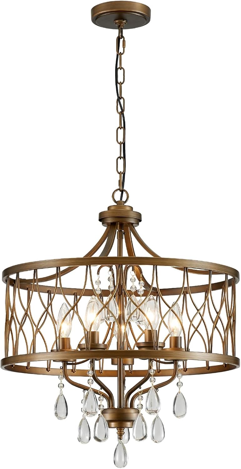 Modern Crystal Chandelier, 5-Light Farmhouse Bronze Chandelier for Dining Room Vintage Hanging Pendant Light Fixtures Round Chandelier for Kitchen Island Entryway Foyer Bedroom Office Bar